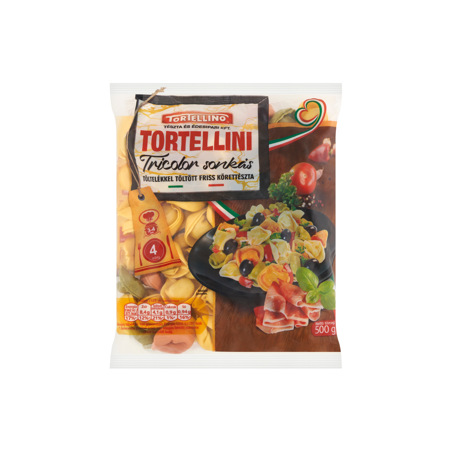 Tortellino Tortellini Tricolor sonkás töltelékkel töltött friss körettészta 500 g